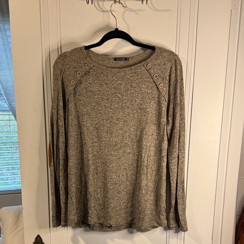 Heathered Tan Crewneck Sweater with Suede Elbow Patches and Button Detail